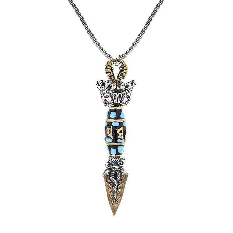 Tibetan Dzi Bead Dorje Pendant - Frontal view on white background with mixed metal deity and dragon blade, vajra necklace