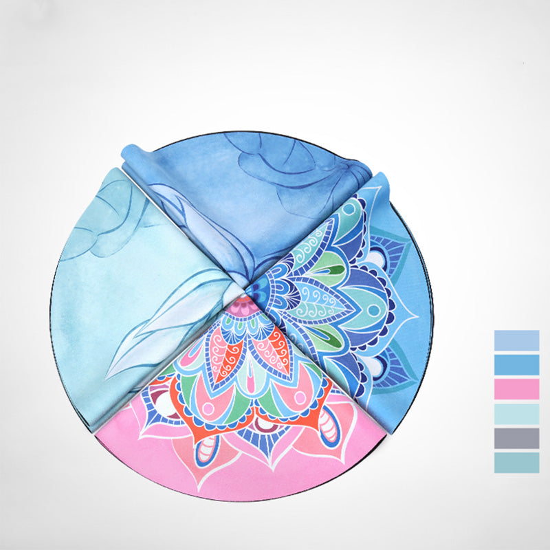 Lotus Mandala Yoga Mat – Folded round mat with blue lotus leaves and pink coral mandala center, overhead view