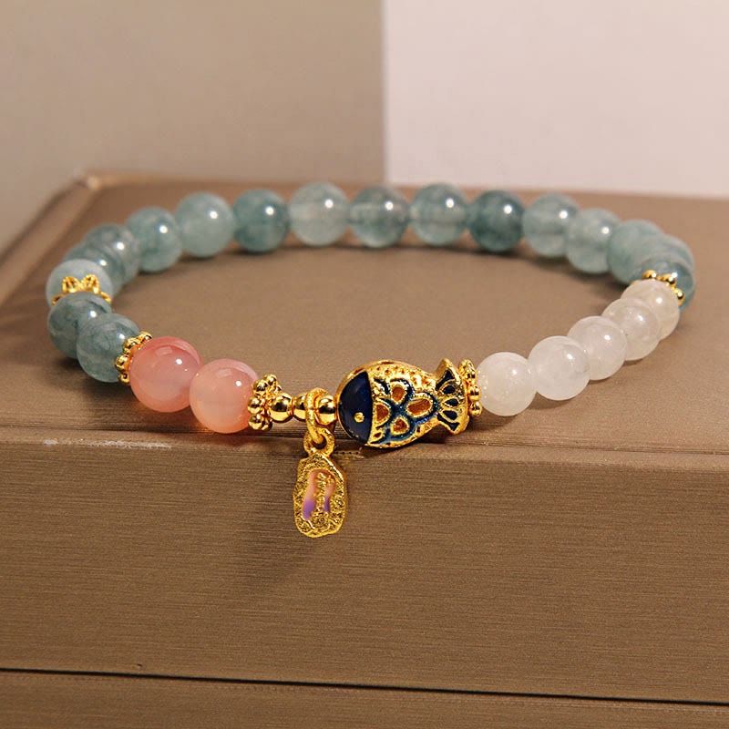 Jade Agate Koi Scripture Bracelet – displayed with incense holder and lotus seed props zen mood