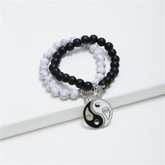 2pcs Natural Black Onyx White Turquoise Bead Yin Yang Couple Bracelet