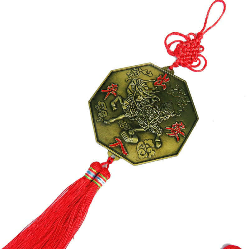 Feng Shui Bagua Map Mirror - Bronze qilin feng shui amulet with red tassel and safe travel blessing characters, octagonal me.