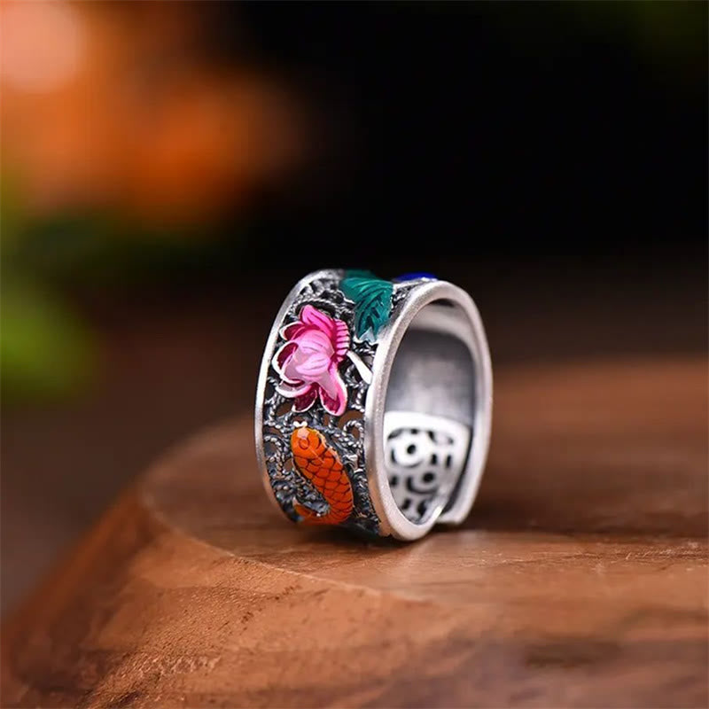 Copper Enamel Koi Fish Ring – ring standing upright showing full face design from front