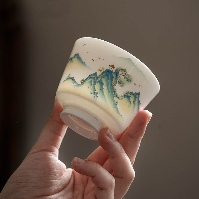 Ceramic Kung Fu Tea Cup – two matching cups with continuous mountain-pavilion scene, gifting pair, ceremonial
