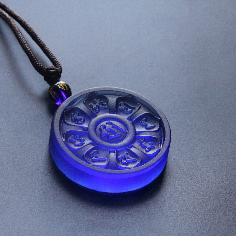 Liuli Manjusri Lotus Necklace - translucent blue lotus pendant with gold-accented bead, serene