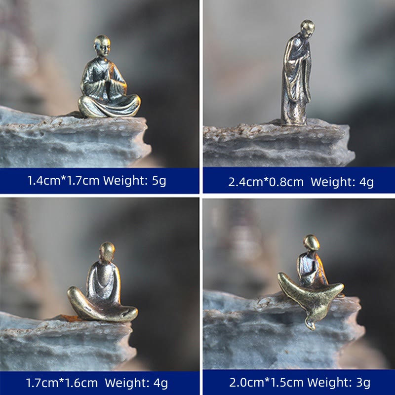 Mini Metal Meditation Buddha Decoration – size chart showing four figurine dimensions and weights, product details