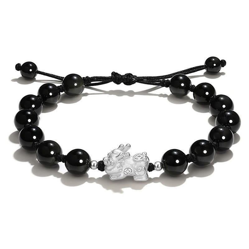 Black Obsidian PiXiu Bracelet – Black obsidian beads with silver PiXiu on white background