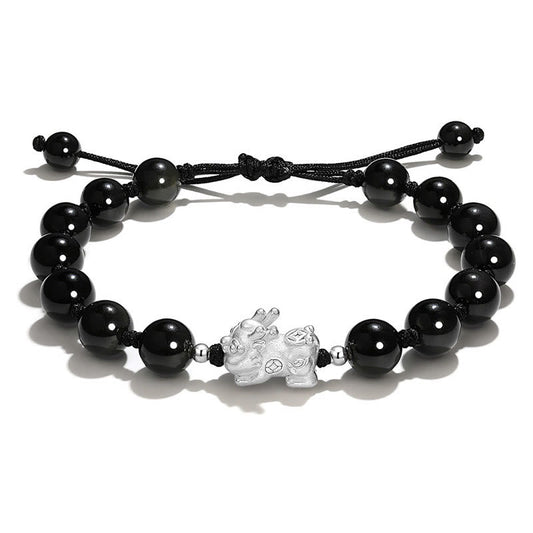 Black Obsidian PiXiu Bracelet – Black obsidian beads with silver PiXiu on white background