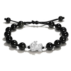 Black Obsidian PiXiu Bracelet – Black obsidian beads with silver PiXiu on white background