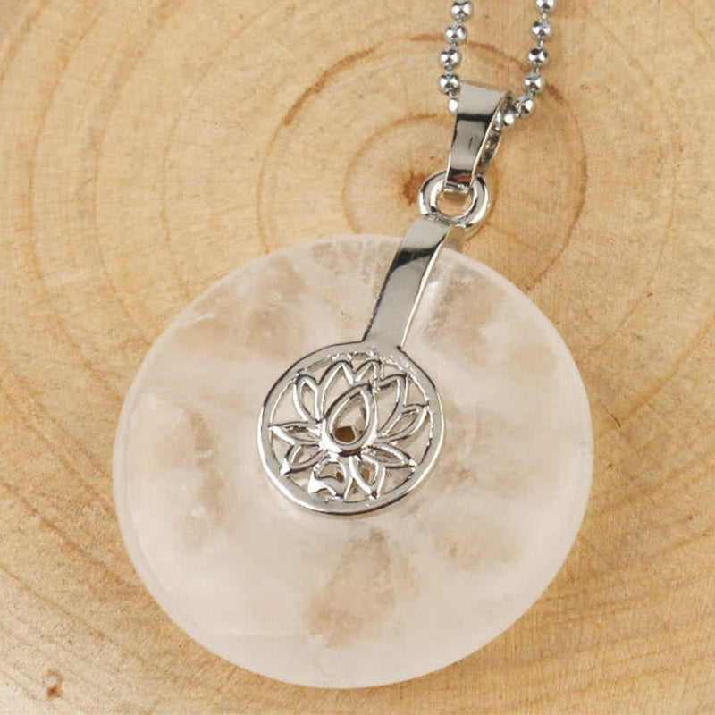 Crystal Amethyst Pink Crystal Lotus Necklace – Rose quartz lotus donut pendant with ball chain on tree-ring wood, soft pink healing crystal