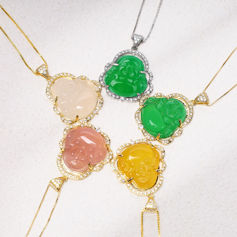 Jade Laughing Buddha Luck Necklace – five laughing Buddha pendants circle layout green white pink yellow, multi-color