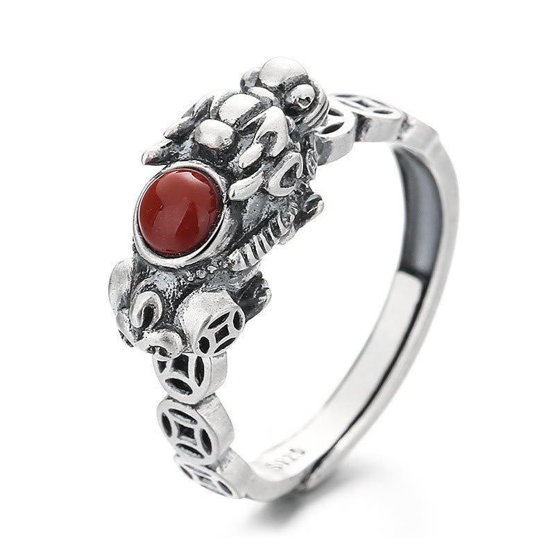 PiXiu Red Agate Wealth Luck Ring on white background, S925 silver stamp, carved creature, adjustable size