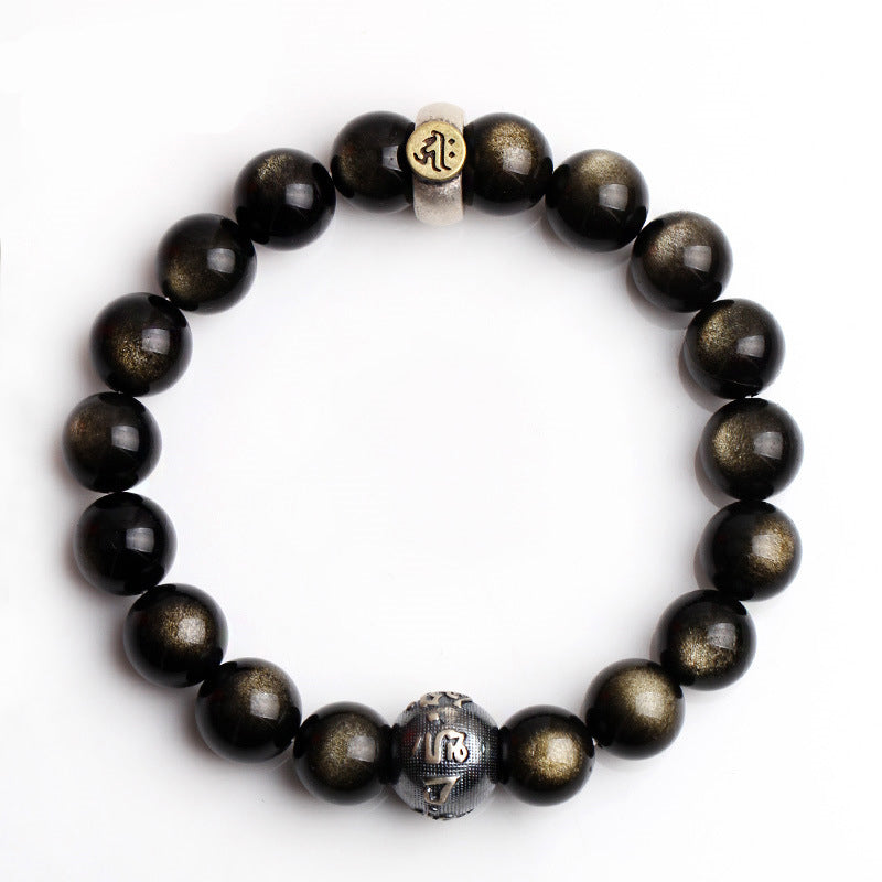 Zodiac Natal Buddha Obsidian Silver Bracelet - Top-down view showing silver and gold mantra beads, white background