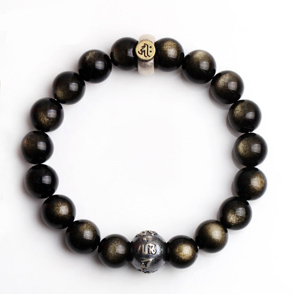Zodiac Natal Buddha Obsidian Silver Bracelet - Top-down view showing silver and gold mantra beads, white background