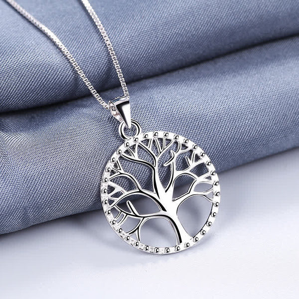 Tree of Life Sterling Silver Necklace – openwork tree pendant on blue-gray fabric, 925 silver box chain, creation pendant