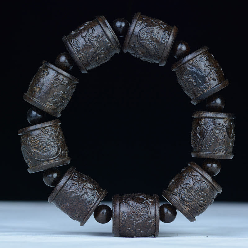Ebony Wood Eighteen Arhats Lotus Dragon Bracelet - Raw ebony wood blocks with branding, Natural Material