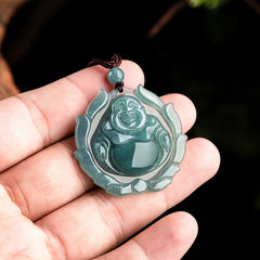 Natural Jade Laughing Buddha Lotus Luck Necklace Pendant – back view of lotus base, Buddhist fortune amulet necklace