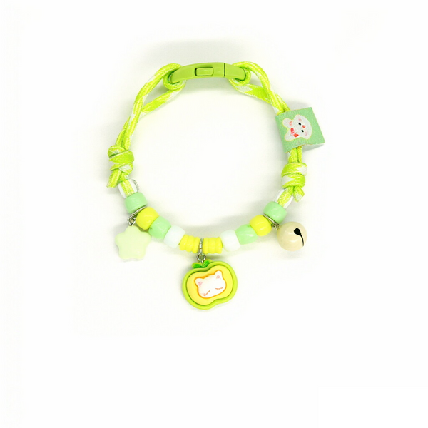 Cute Pet Collar – Lime green rope with sleeping cat apple, star & cream bell, kawaii cat necklace
