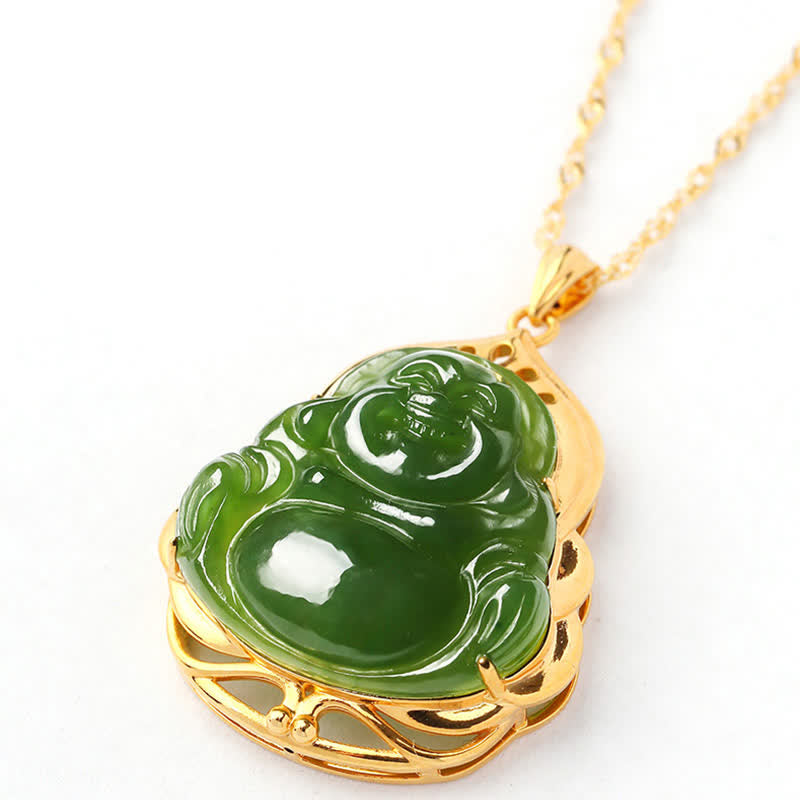 925 Silver Hetian Cyan Jade Laughing Buddha 18K Gold Necklace – cheongsam collar model, traditional Chinese jade style