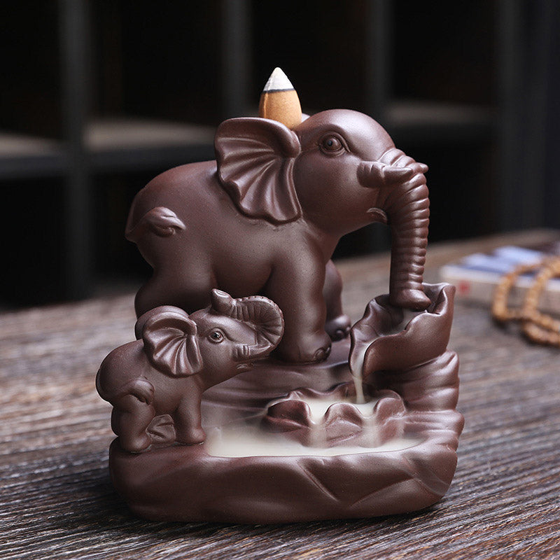 Elephant Purple Clay Incense Burner – Mother and baby elephant with smoke waterfall from trunk, backflow incense Hauptbild
