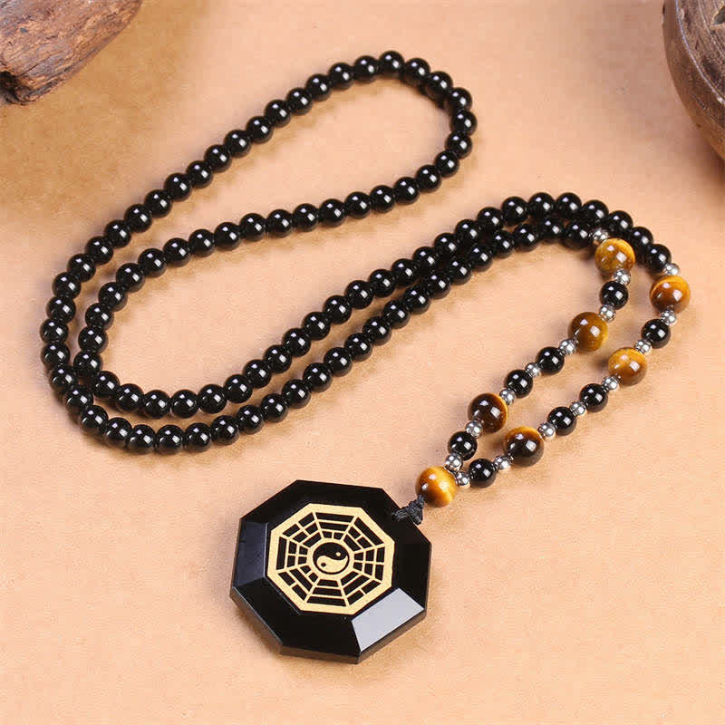 Black Obsidian Tiger Eye Bagua Yin Yang Pendant - Full tiger eye and obsidian beaded necklace with bagua pendant, healing cry