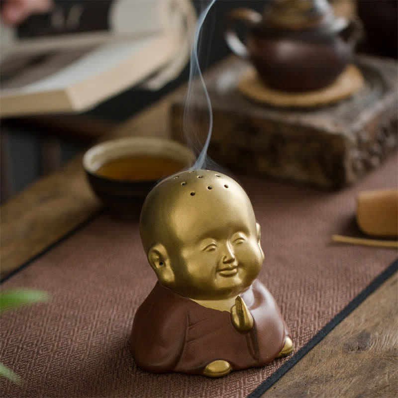 Little Buddha Ceramic Burner – cheerful expression detailed robe, healing scent holder art