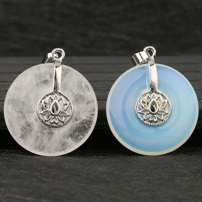 Crystal Amethyst Pink Crystal Lotus Necklace – Clear quartz and opalite lotus pendants side by side on dark background, two-tone display