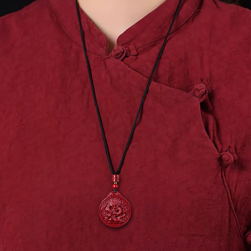 Cinnabar Dragon Pendant – Dragon amulet worn with traditional mandarin collar garment, Heritage