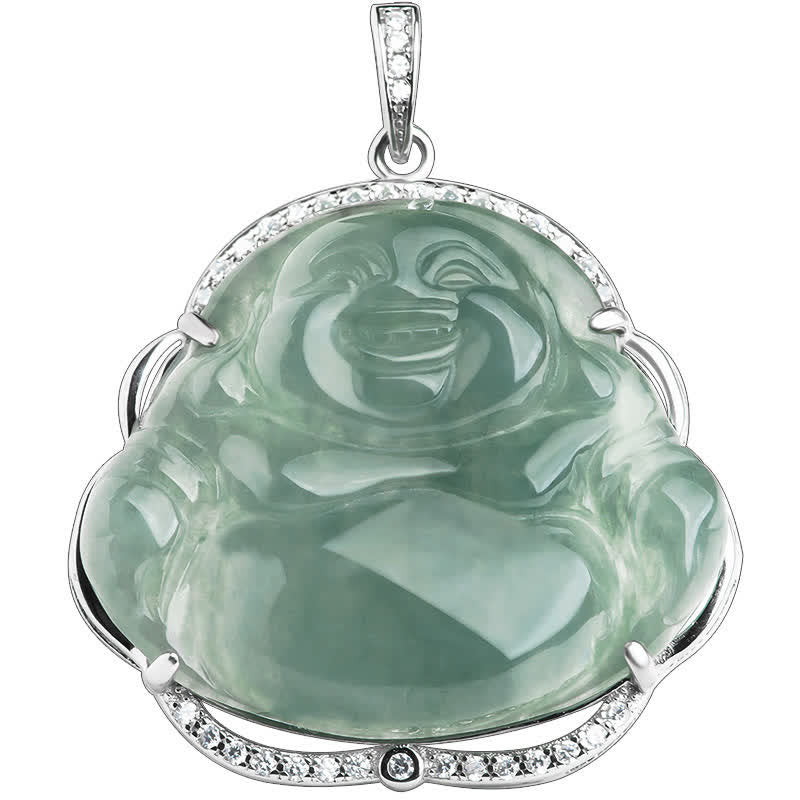 Laughing Buddha Natural Jade Luck Necklace Titanium Steel – Natural jade veining visible in happy Buddha carving, unique