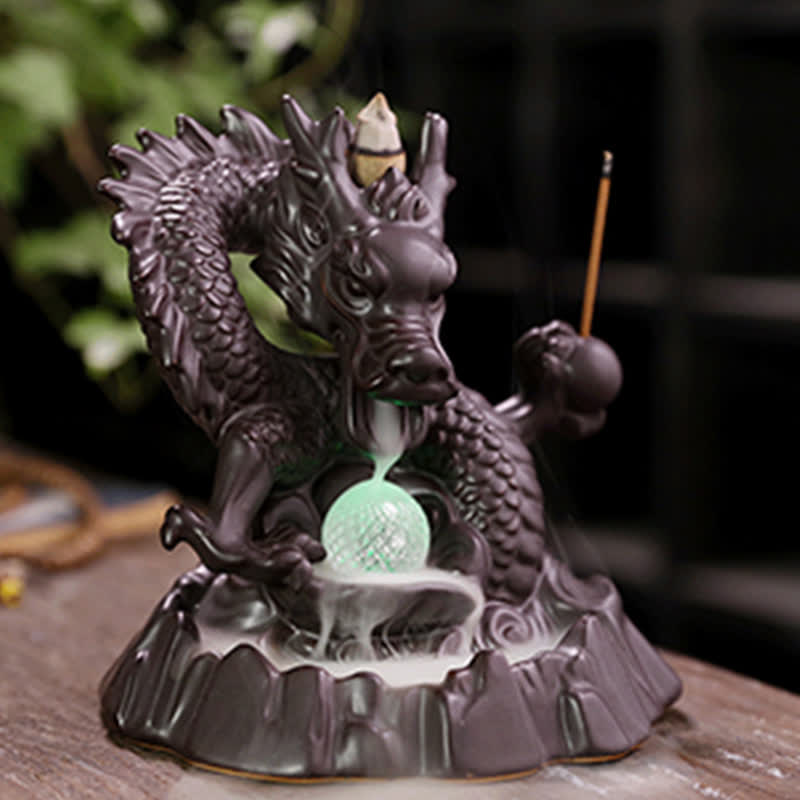 Dragon Incense Burner – Green glowing orb amid waterfall smoke, zen