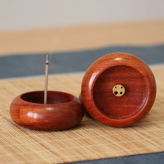 Rosewood Incense Burner – two polished bowls, one lit with smoke, side view showing brass insert holes, zen