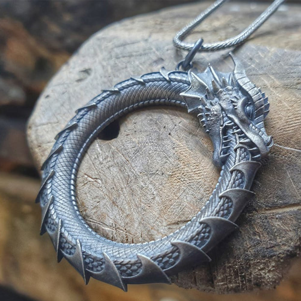 Pure Tin Dragon Snake Necklace - Spined ouroboros on wood cross-section, natural protection pendant