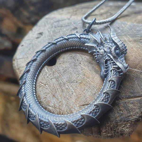 Pure Tin Dragon Snake Necklace - Spined ouroboros on wood cross-section, natural protection pendant