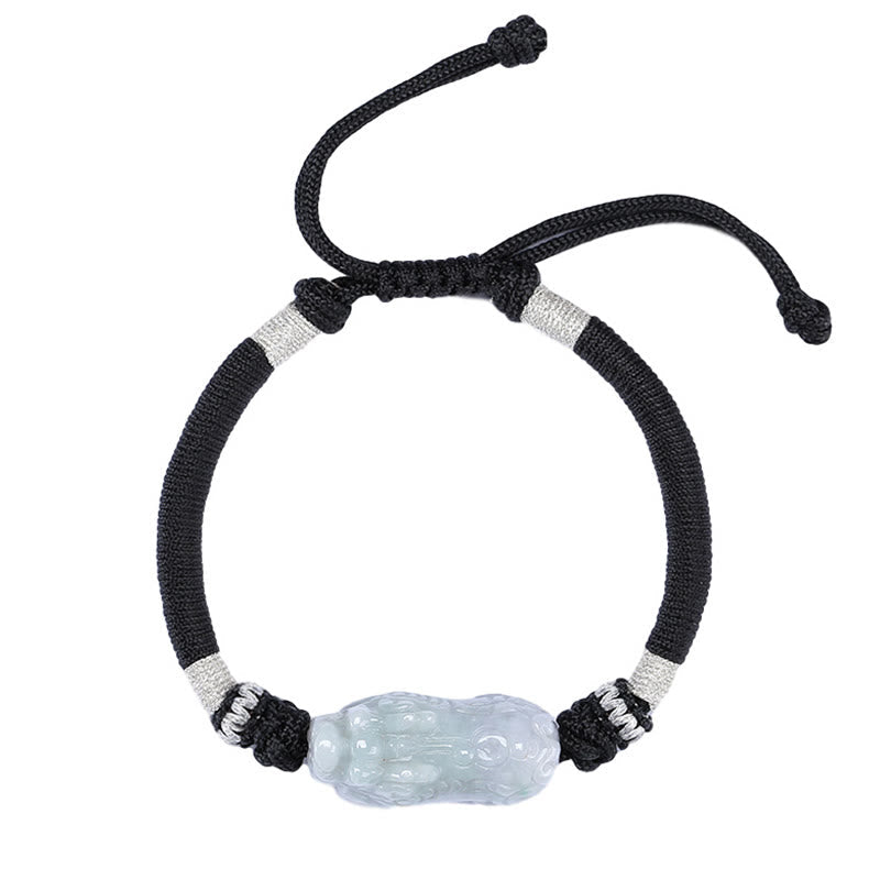 Natural Jade PiXiu Bracelet – full bracelet white background, adjustable black cord silver bands, jade luck