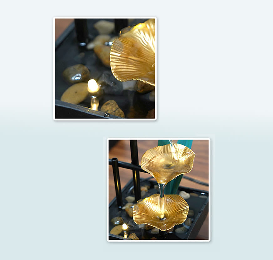 Three Layers Lotus Waterfall Fountain - 2-panel close-up detail of gold tiers and water flow, Elegant