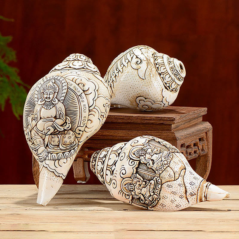 Engraved Shankha Wealth Conch – side view showing endless knot and conch spiral unity, auspicious symbol