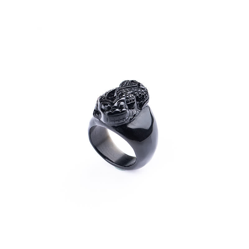 FengShui PiXiu Strength Ring – Black obsidian carved pixiu guardian ring on white, feng shui jewelry