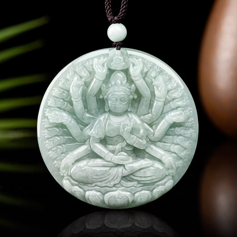 Thousand-Hand Kwan Yin Jade Necklace – placed on prosperity corner shelf, feng shui home decoration