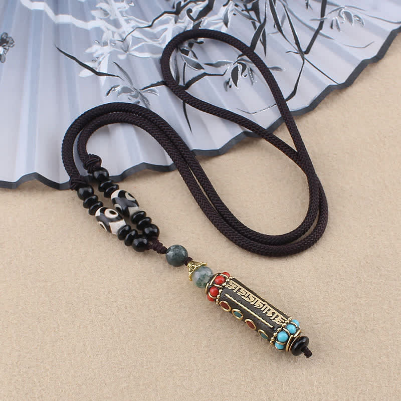 Wenge Wood Dzi Bead Mantra Necklace - Dzi bead woven cord with cylindrical pendant, turquoise coral inlays
