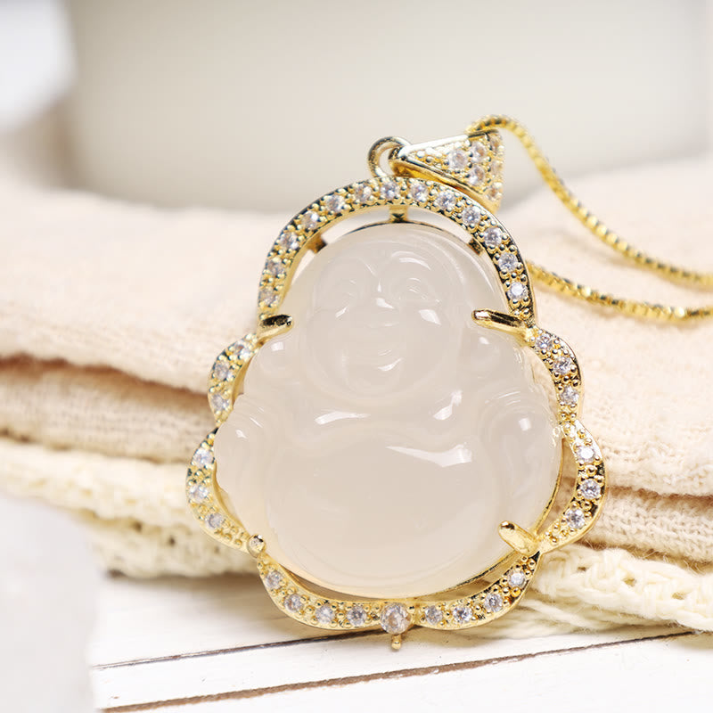 Jade Laughing Buddha Luck Necklace – white jade Buddha on cream fabric with gold diamond border, calm blessing