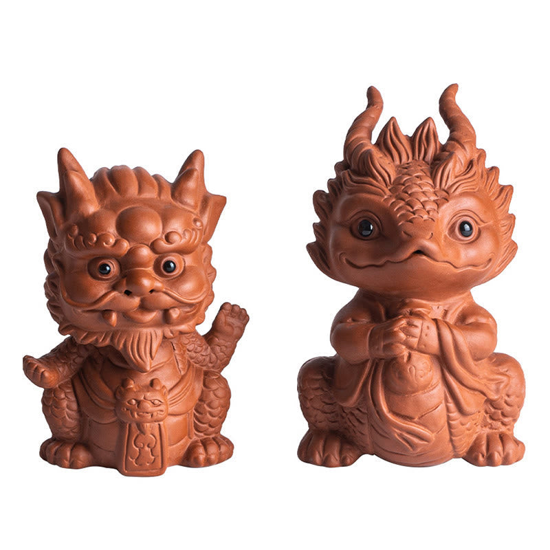 Luck Dragon Purple Clay Tea Pet - guardian lion and dragon pair, sized duo