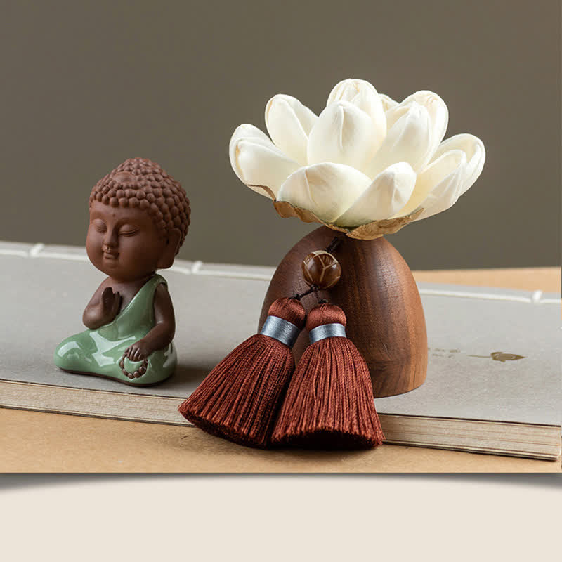 Black Peach Wood Buddha Flower Decoration – natural light on dark wood surface, warm ambient home accent