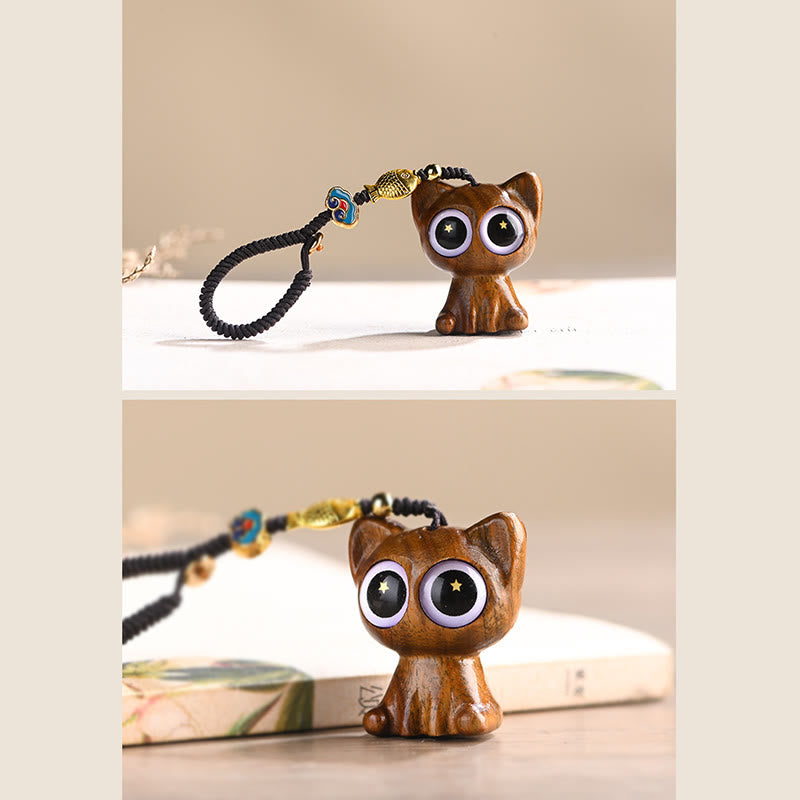 Green Sandalwood Phone Charm – outdoor natural light, wooden texture, koi fish and cat