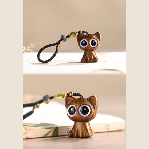 Green Sandalwood Phone Charm – outdoor natural light, wooden texture, koi fish and cat