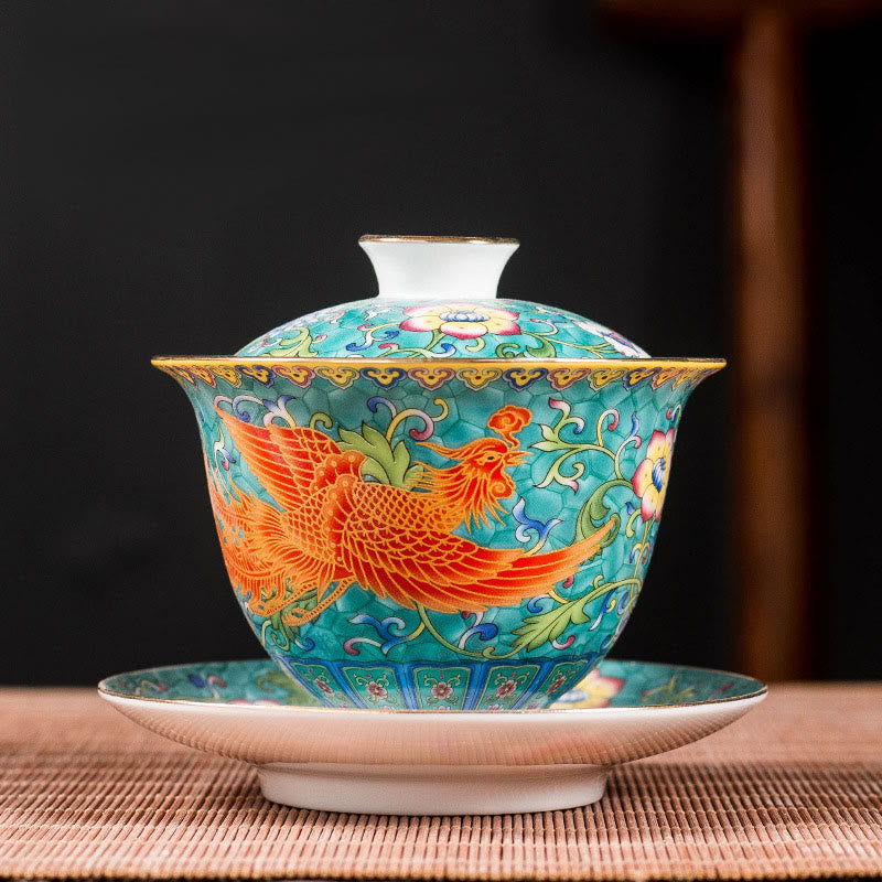 Dragon Phoenix Flower Gaiwan Tea Set – Turquoise phoenix gaiwan with floral scrolls and gold trim, three-piece set
