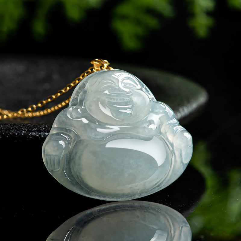 Laughing Buddha Jade Pendant Necklace – Hand-carved happy Buddha in verdant stone, good luck gift