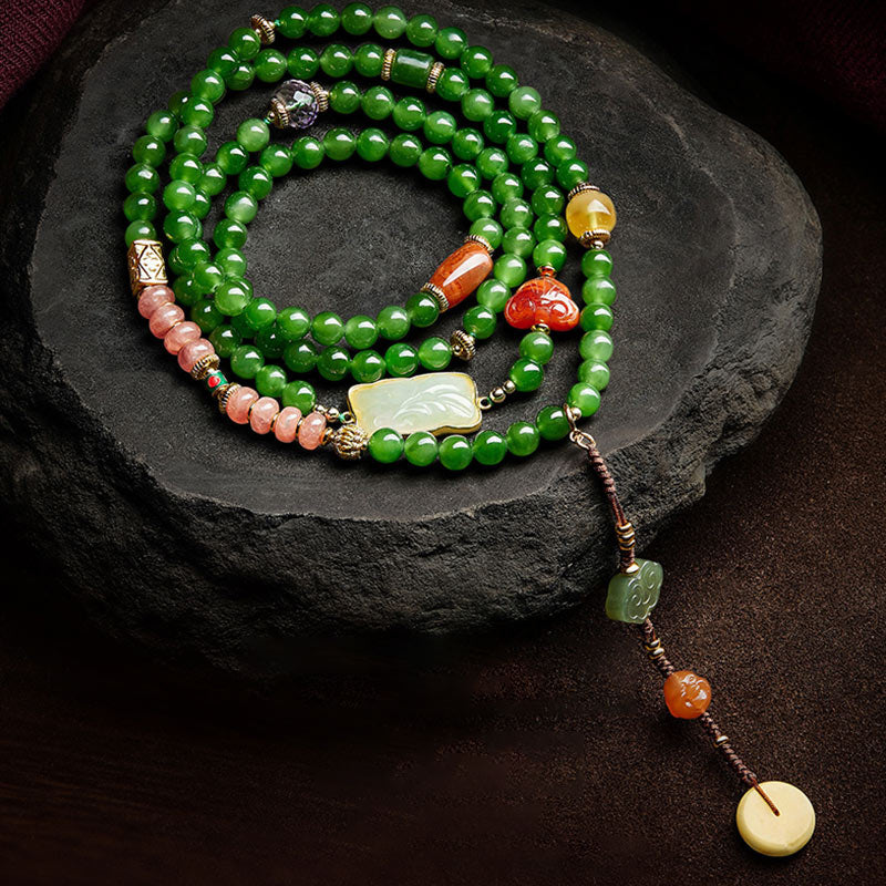 108 Mala Beads Jade Agate Bracelet – Cyan jade and red agate prayer beads, meditation jewelry