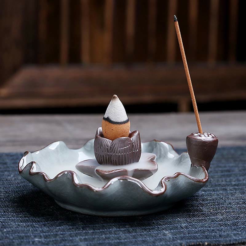 Lotus Ceramic Backflow Incense Burner - lotus bud cone holder with stick incense side pod, dual-use