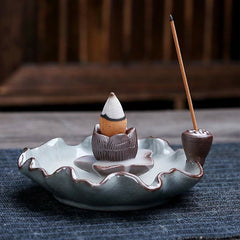 Lotus Ceramic Backflow Incense Burner - lotus bud cone holder with stick incense side pod, dual-use