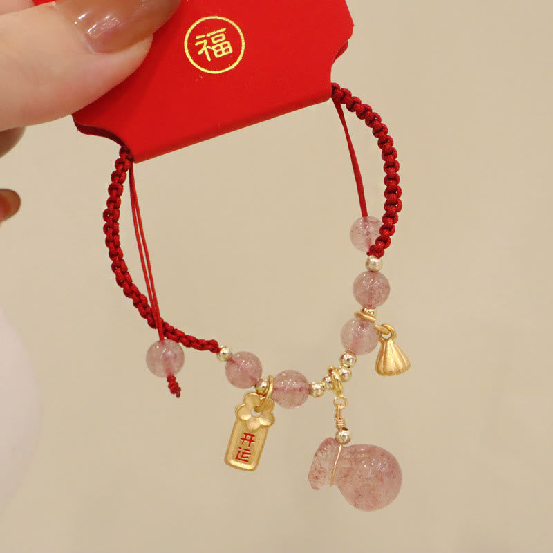 Pulsera de hilo rojo con cuarzo fresa, amuleto de la suerte y flor de loto | Amor y Sanación