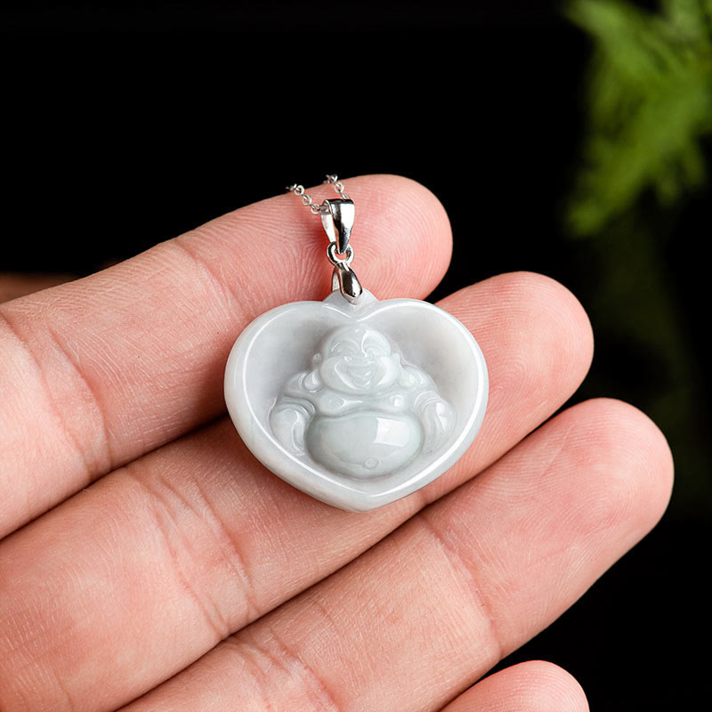 Laughing Buddha White Jade Luck Blessing Titanium Steel Necklace Pendant – White gemstone Buddha blessing piece